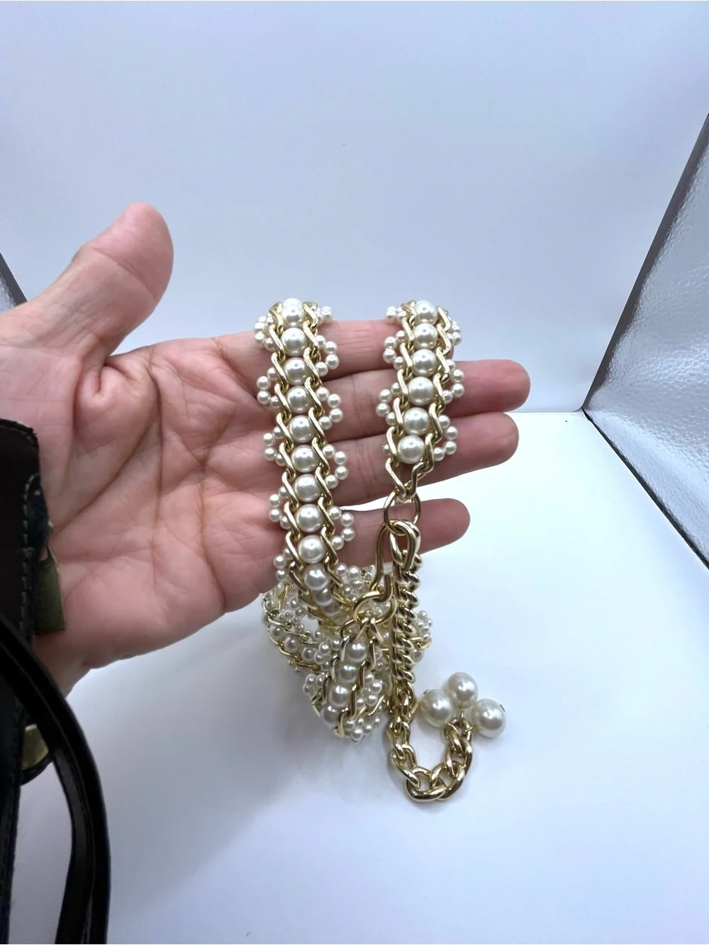 Gold Chain Link Belt with Pearl Accents Hong Kong Vintage